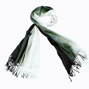 Pashmina Green White Ombre Flat Knotted Fringe Cashmere Wool Silk Scarf NWOT